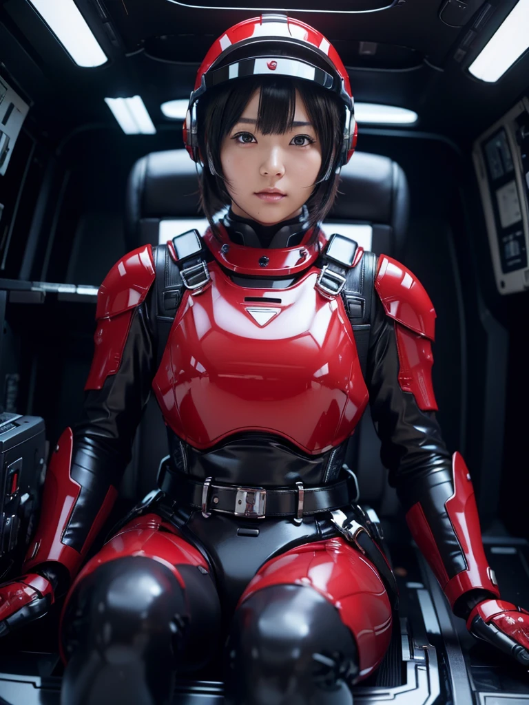 masterpiece, Highest quality, Very detailed, Japanese Android girl, Beautiful 2 Japanese woman, Plump,Slightly thicker,Control panel,Android,cyborg,Blunt bangs,Sitting in the cockpit and piloting,Black and red robot suit,Thick harness belt,Full-face helmet
