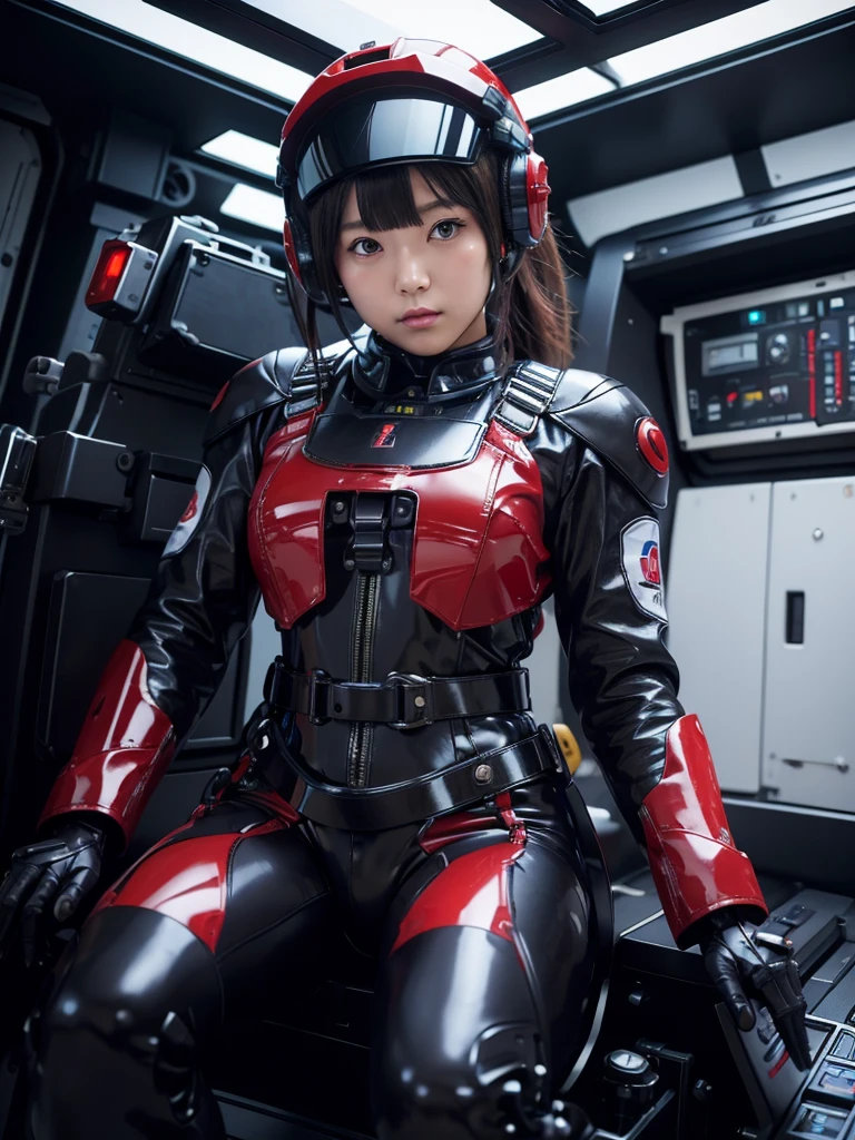 masterpiece, Highest quality, Very detailed, Japanese Android girl, Beautiful 2 Japanese woman, Plump,Slightly thicker,Control panel,Android,cyborg,Blunt bangs,Sitting in the cockpit and piloting,Black and red robot suit,Thick harness belt,Full-face helmet