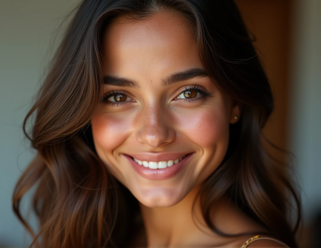 (high definition photography:1.6), maximum reality, pure realism, realistic skin texture, latin features, beautiful girl, perfect smile, Brown skin, Best Quality, professional portrait, ultra detailed, 8k, Professional lighting, F2.8, head shot, pretty girl, Beautiful, Perfect skin, (long light brown hair:1.3), very detailed brown eyes, detailed skin,