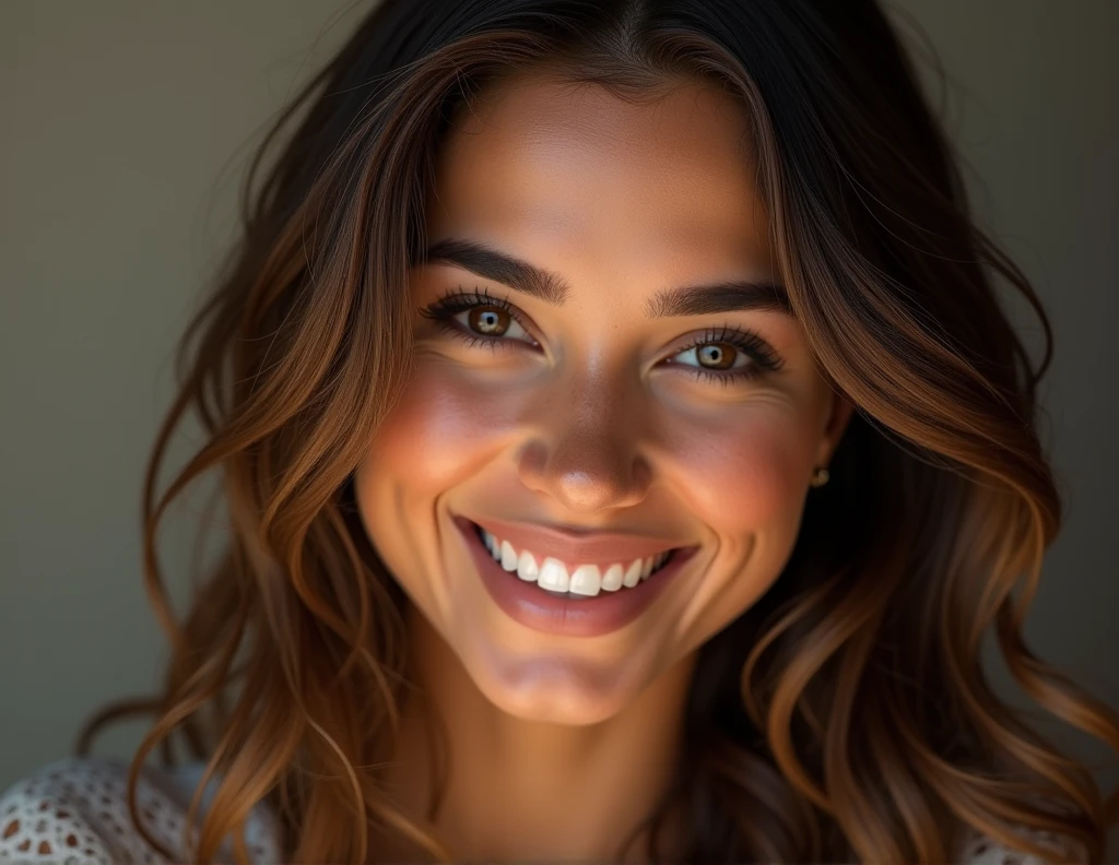 (high definition photography:1.6), maximum reality, pure realism, realistic skin texture, latin features, beautiful girl, perfect smile, Brown skin, Best Quality, professional portrait, ultra detailed, 8k, Professional lighting, F2.8, head shot, pretty girl, Beautiful, Perfect skin, (long light brown hair:1.3), very detailed brown eyes, detailed skin,