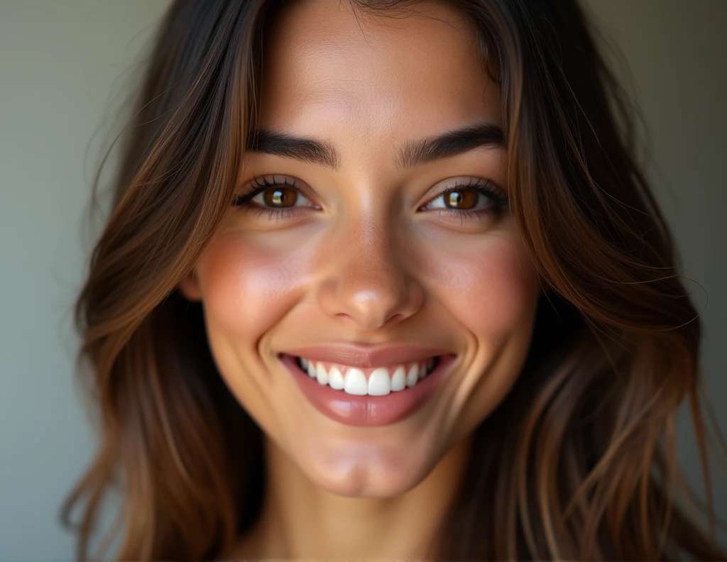 (high definition photography:1.6), maximum reality, pure realism, realistic skin texture, latin features, beautiful girl, perfect smile, Brown skin, Best Quality, professional portrait, ultra detailed, 8k, Professional lighting, F2.8, head shot, pretty girl, Beautiful, Perfect skin, (long light brown hair:1.3), very detailed brown eyes, detailed skin,