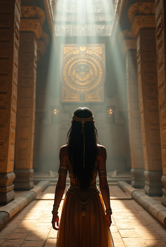 a beautiful aztec woman in her 20s, standing in front of an ancient aztec calendar in a temple, extremely detailed and realistic, 8k, high resolution, hyper detailed, masterpiece, photorealistic, studio lighting, physically-based rendering, professional grade, vibrant colors, dramatic lighting, intricate details, ornate aztec architecture, detailed stone carvings, warm lighting, volumetric fog, mystical atmosphere