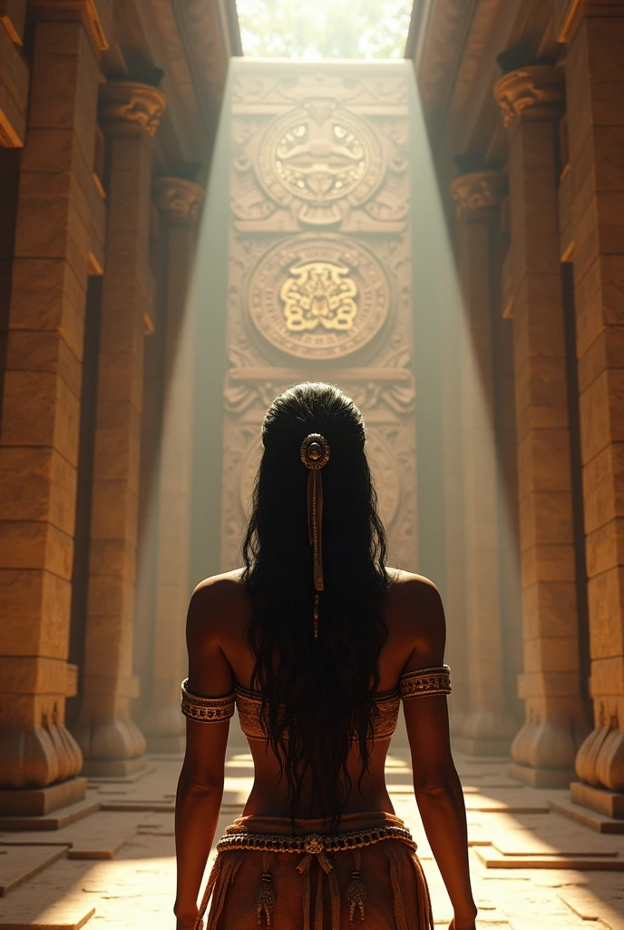 a beautiful aztec woman in her 20s, standing in front of an ancient aztec calendar in a temple, extremely detailed and realistic, 8k, high resolution, hyper detailed, masterpiece, photorealistic, studio lighting, physically-based rendering, professional grade, vibrant colors, dramatic lighting, intricate details, ornate aztec architecture, detailed stone carvings, warm lighting, volumetric fog, mystical atmosphere