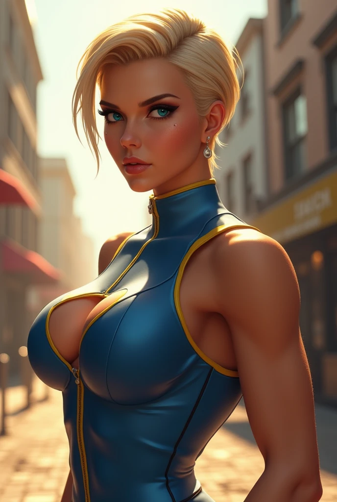 ((((masterpiece, best quality, high resolution)))), Extremely detailed 8K, 1 female, (Cammy White) wearing her Cammy White outfit, (Ultra HD, Ultra-detailed, Highly detailed, Highly realistic, Ultra-realistic, photograph realistic), (1girl:1.5), (Realistic short blond hair), (dynamic poses), facing at camera, looking at viewer, (a serious focus face), (regular blue eyes, sharp eyes), (perky breasts:1.2), (beautiful detailed face, beautiful detailed eyes), ((slightly sweating)), (preparing for a workout), sweat, glow, (sunbeam, sunlight), ((cowboy shot)), streets background, seductive, EnvyBetterHands LoCon,