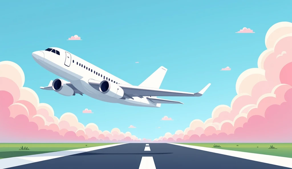 A white airplane flies over the runway, with a blue sky and pink clouds in the background, in a cartoon style with simple lines, a vector illustration of high resolution, high detail, and high quality, high definition.
