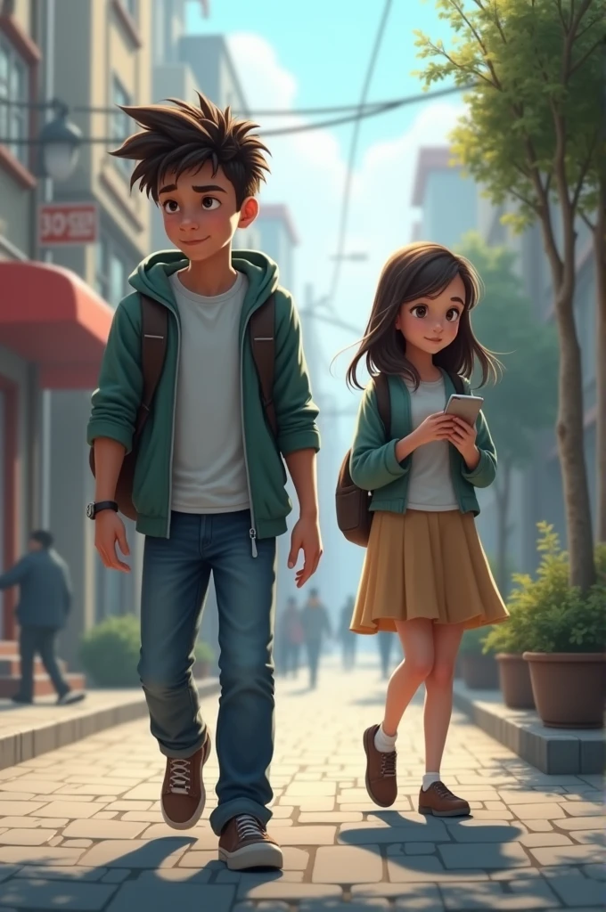 a boy walking while a girl talking on her phone behing the biy