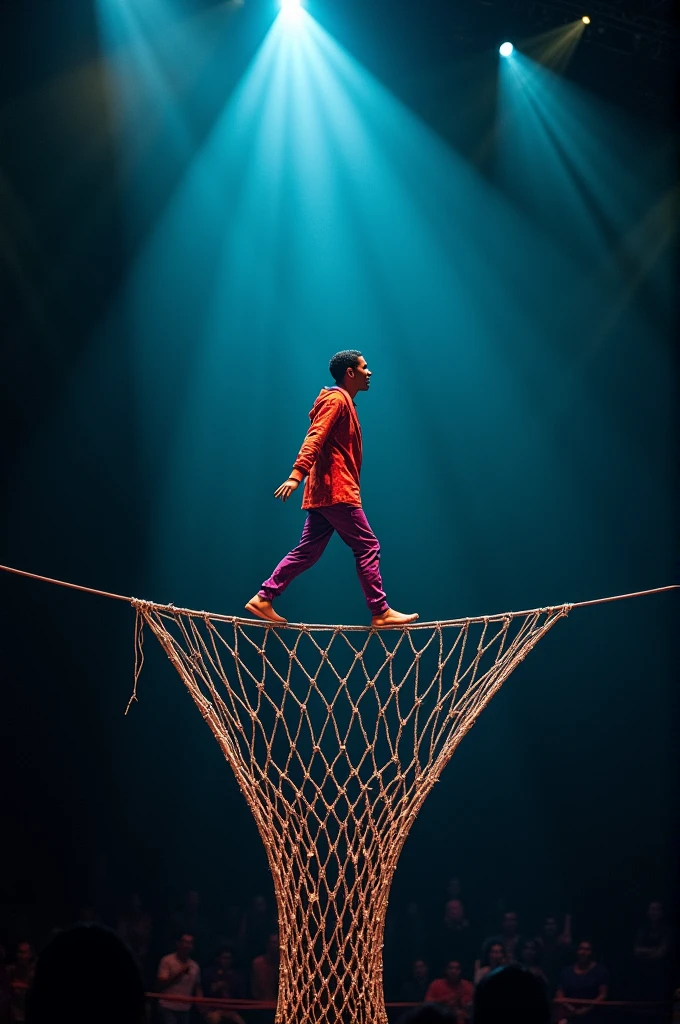 A safety net under a high-wire act, with a person walking confidently above it, symbolizing the confidence that AWS Resilience Hub provides by being a safeguard against potential issues.