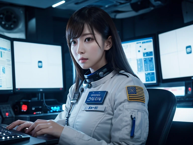 Female officer of the Space Defense Force、beautiful、Reluctant expression、Long, sharp eyes、(((cool)))、Operating a computer in the control room、Cinematic、Dramatic lighting、Photorealistic、Professional photography with attention to detail