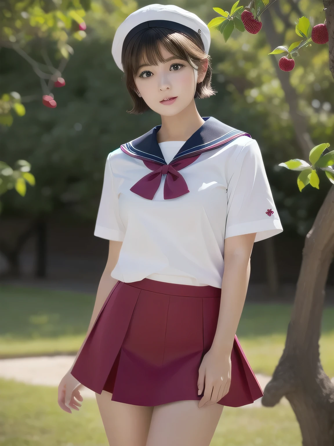 Ultra-realistic images、high resolution、Berry Short Cut、 beauty、Sailor suit、The strong wind blows up my skirt and I blush.、パンティが見える、