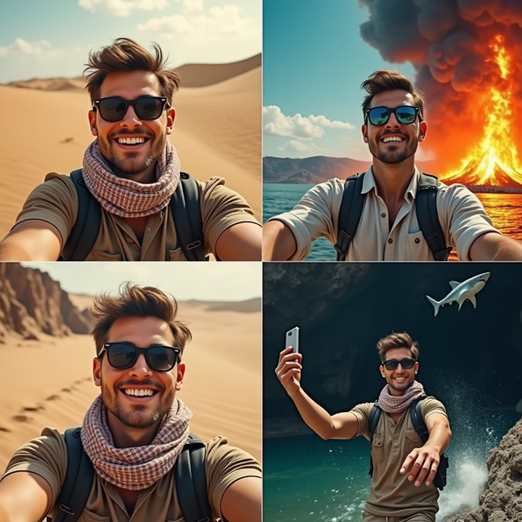 A photorealistic image is divided into four panels, each featuring the same recognizable young man taking selfies in increasingly absurd and dangerous situations:

Sandstorm Selfie: The young man, wearing a desert scarf and sunglasses, takes a selfie in a vast desert. His cheerful smile contrasts sharply with the massive sandstorm swirling ominously in the background, just moments away from engulfing him.

Volcano Eruption Selfie: In this panel, he’s standing near the base of an erupting volcano. His face is lit by the bright, fiery glow of the lava, and he’s grinning with excitement. The plume of ash and lava shooting into the sky behind him creates a dramatic, almost apocalyptic scene.

Shark Encounter Selfie: The young man, still wearing his signature sunglasses, is on a small raft in the middle of the ocean. He’s smiling confidently, completely unaware of the massive shark fin cutting through the water just behind him, creating an intense contrast between his casual demeanor and the lurking danger.

Cave Collapse Selfie: In this final panel, the young man, identifiable by his signature scarf now slightly askew, is inside a dark cave. As he takes the selfie, rocks are beginning to fall from the ceiling, with dust and debris filling the air. His expression remains enthusiastic, oblivious to the imminent collapse around him.

Throughout all four panels, the young man is easily recognizable by his consistent outfit—desert scarf, sunglasses, and casual attire—along with his carefree, adventurous attitude, even in the face of increasingly perilous situations. The images collectively create a surreal and thrilling narrative, blending calm confidence with looming danger.