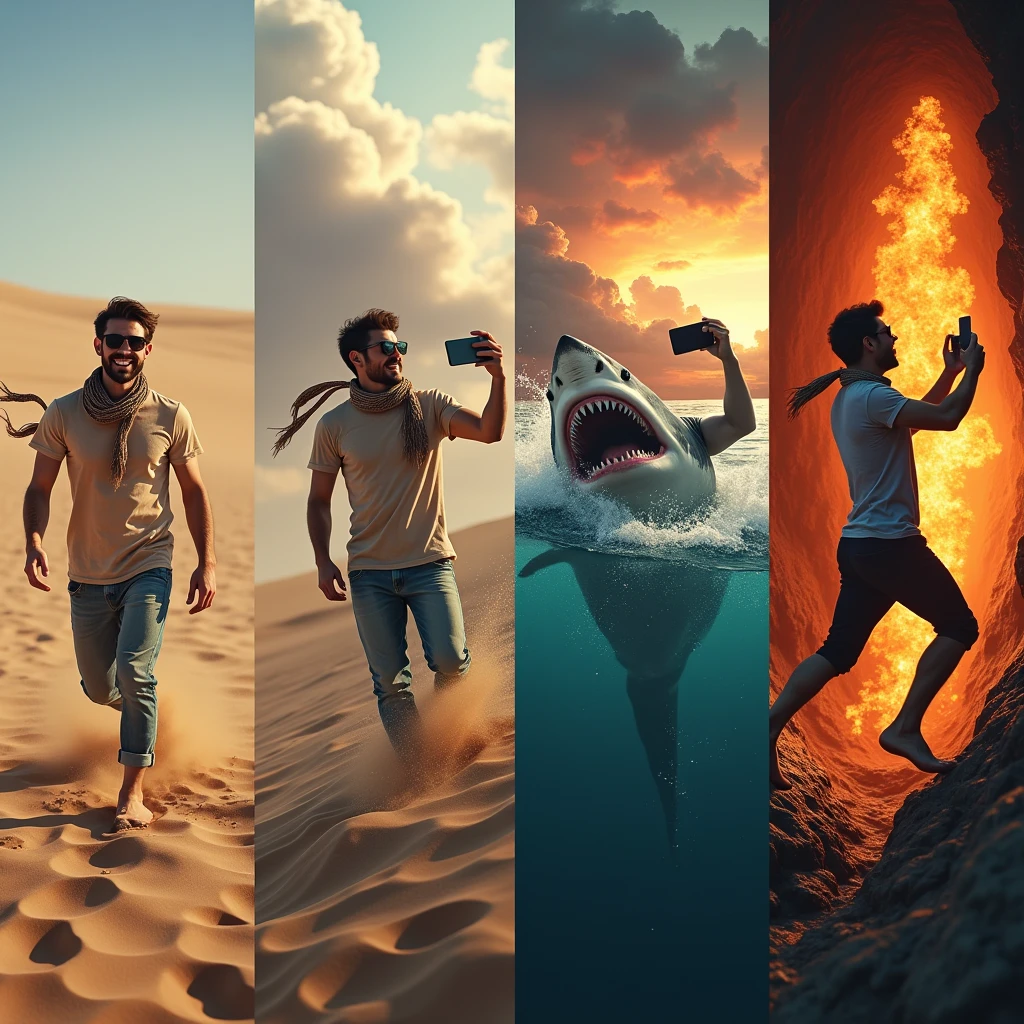 A photorealistic image is divided into four panels, each featuring the same recognizable young man taking selfies in increasingly absurd and dangerous situations:

Sandstorm Selfie: The young man, wearing a desert scarf and sunglasses, takes a selfie in a vast desert. His cheerful smile contrasts sharply with the massive sandstorm swirling ominously in the background, just moments away from engulfing him.

Volcano Eruption Selfie: In this panel, he’s standing near the base of an erupting volcano. His face is lit by the bright, fiery glow of the lava, and he’s grinning with excitement. The plume of ash and lava shooting into the sky behind him creates a dramatic, almost apocalyptic scene.

Shark Encounter Selfie: The young man, still wearing his signature sunglasses, is on a small raft in the middle of the ocean. He’s smiling confidently, completely unaware of the massive shark fin cutting through the water just behind him, creating an intense contrast between his casual demeanor and the lurking danger.

Cave Collapse Selfie: In this final panel, the young man, identifiable by his signature scarf now slightly askew, is inside a dark cave. As he takes the selfie, rocks are beginning to fall from the ceiling, with dust and debris filling the air. His expression remains enthusiastic, oblivious to the imminent collapse around him.

Throughout all four panels, the young man is easily recognizable by his consistent outfit—desert scarf, sunglasses, and casual attire—along with his carefree, adventurous attitude, even in the face of increasingly perilous situations. The images collectively create a surreal and thrilling narrative, blending calm confidence with looming danger.