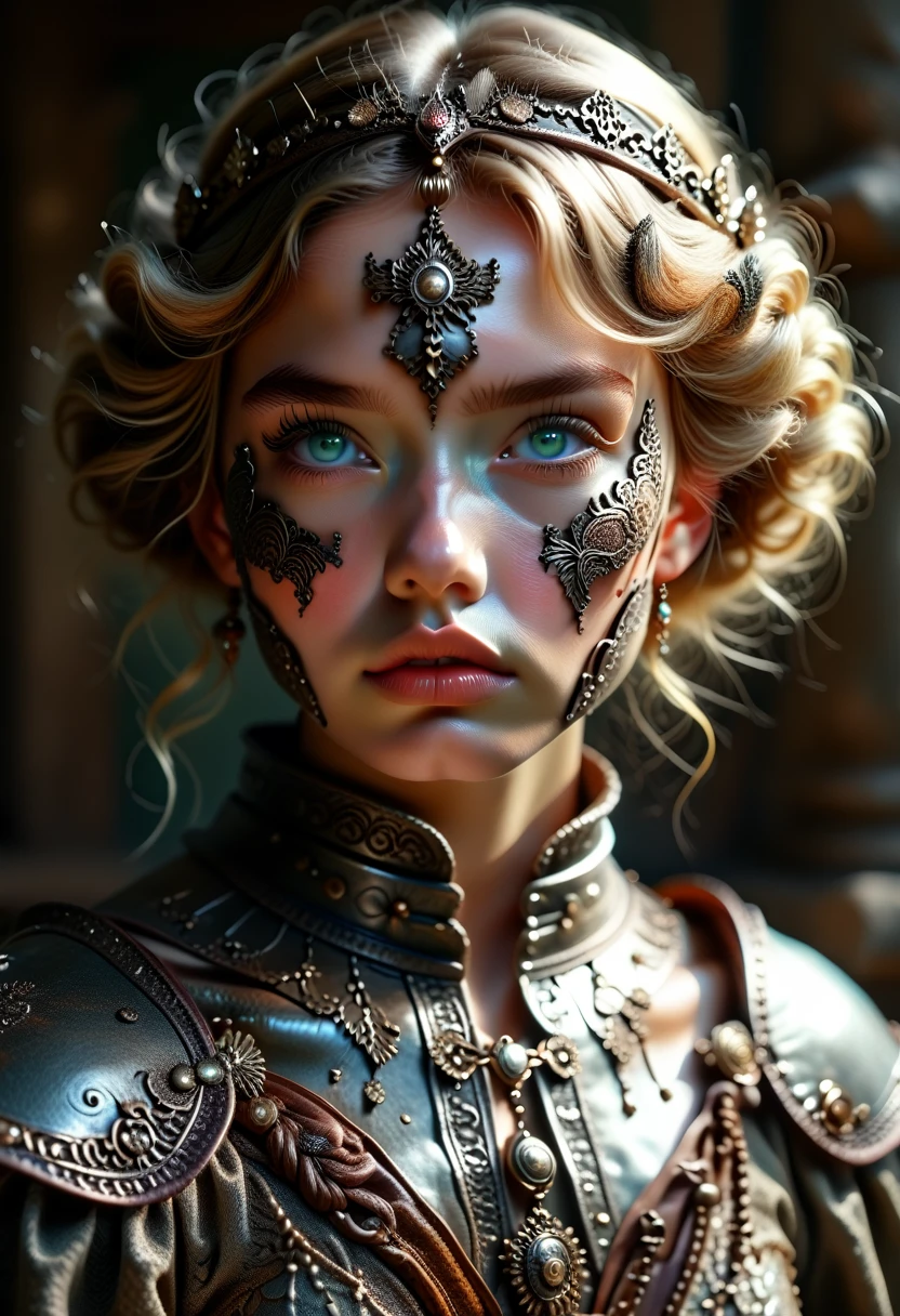 1 girl, masterpiece, Best quality, 8 K, detailed skin texture, detailed fabric texture, beautiful detailed face, complex parts, Ultra detailed, European girl, green eyes, blonde curly, 3D character, Medieval Knight