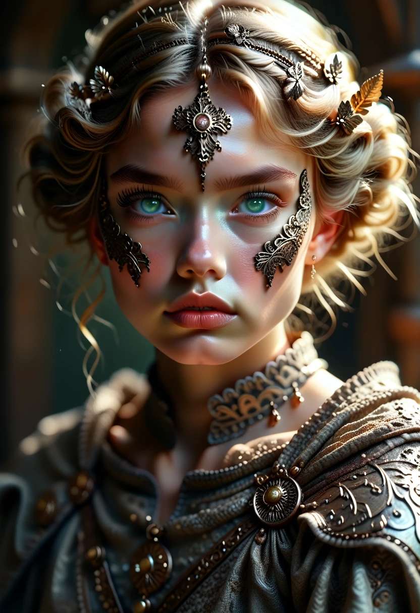 1 girl, masterpiece, Best quality, 8 K, detailed skin texture, detailed fabric texture, beautiful detailed face, complex parts, Ultra detailed, European girl, green eyes, blonde curly, 3D character, Medieval Knight