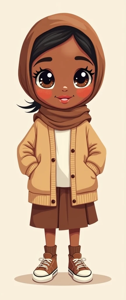 Cartoon with text:
(masterpiece, best quality, 4k, expressive eyes, perfect face, 2d style, flat style, hand drawn, perfect Illustration), Cute and adorable face, black girl, big detailed eyes,, Cute little cartoon girl, big lips, with brown hijab on, bangs, wearing oversized beige cardigan, white shirt, brown skirt, brown socks, sneakers