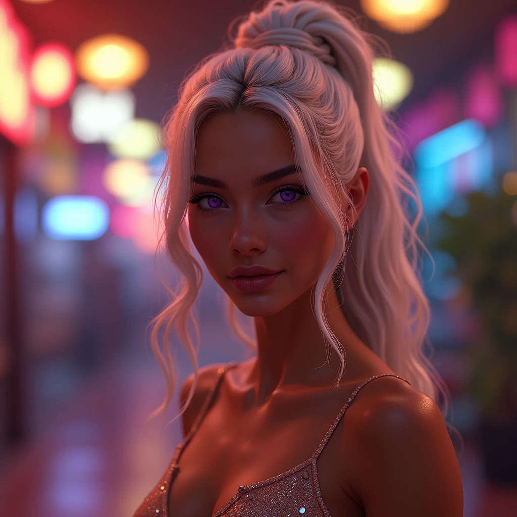 A cinematic medium shot of a young woman named Amara with long, wavy white hair tied in a chignon. Her captivating purple eyes convey depth and expression. Amara has a matte complexion with golden highlights. She has a natural elegance and a subtle smile. The background is vibrant and fashion-inspired, with a mix of warm and cool tones, creating a dynamic and captivating atmosphere.