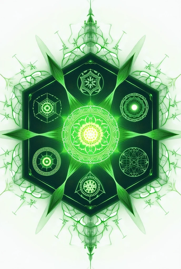 Enchanted hexagon print magic with magic signs for game square green no people background white anime style