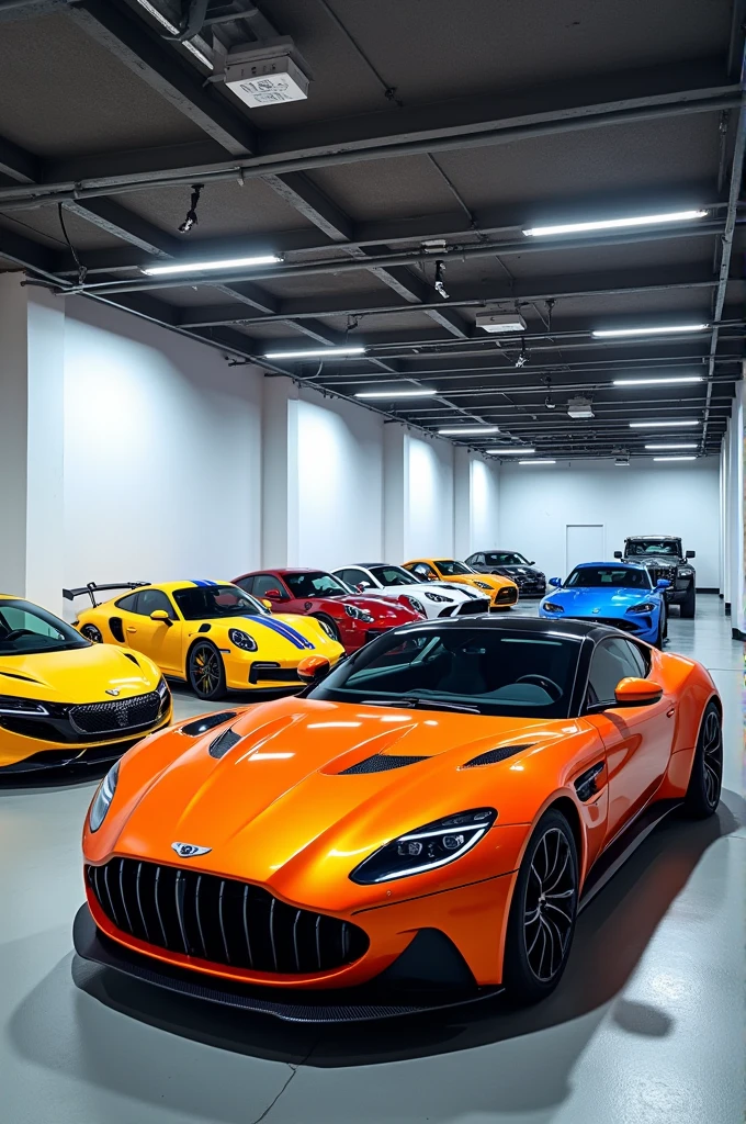 Of course! Here’s the description you can use:
---
**Design Description:**
**Luxury Garage**: Designed to showcase 11 luxury cars, each with its own unique color scheme. The garage features a modern and sleek design with polished concrete floors, white walls, and focused LED lighting to highlight each car. The cars are arranged so that their colors and designs are prominently visible, with enough space around each car for clear visibility.
**List of Cars and Colors:**
1. **Aston Martin DBS Superleggera** in Racing Green.
2. **Bentley Continental GT** in Black.
3. **McLaren 765LT** in Purple.
4. **BMW M4** in White.
5. **Audi RS3** in Orange.
6. **Lamborghini Urus** in Yellow.
7. **Ferrari 488 Pista** in Grenadine with Black Stripes.
8. **Porsche 911 GT3 RS** in Dark Green.
9. **Maserati MC20** in Gauloise Blue.
10. **Nissan GTR** in Light Blue.
11. **Ford Mustang 2024** in Grey with Pistachio Green Stripes.
The cars are arranged elegantly to highlight their colors, with lighting that makes the colors pop while maintaining a luxurious and upscale atmosphere.
---
You can use this description to submit to any other AI system to create the design you want.