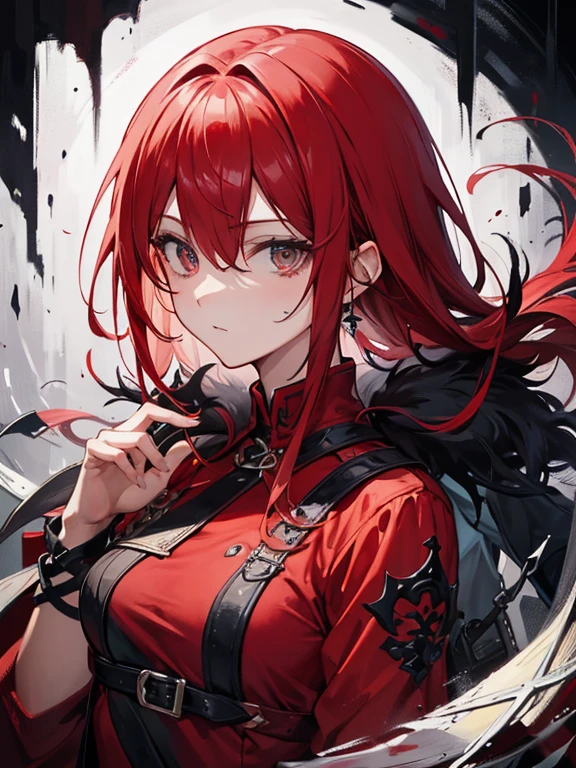 one of a group of people with red hair and a red shirt, in the style of yuumei, harsh palette knife work, gothicpunk, raw character, detailed face, detailed eyes, detailed hands 