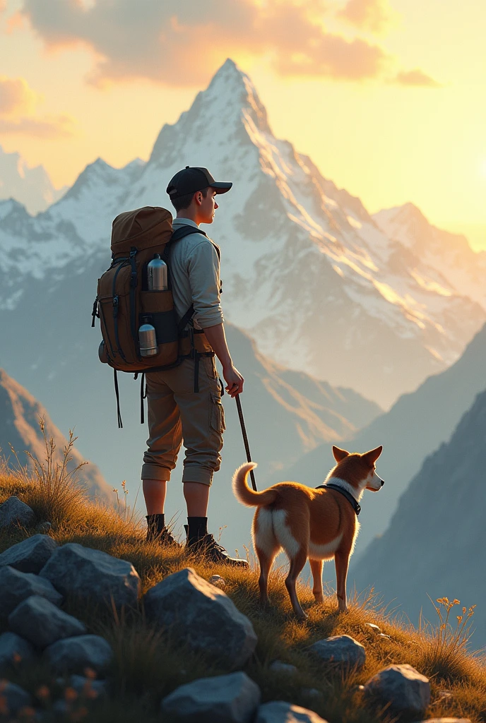 A travel boy of age 22 having bag pack in his back looking in the front to a snow mountain little clods at the top of mountain and boy having a dog and one stick in his hand and another with water bottle looking realistic wearing cap by boy and mountains are little far boy standing at a height and there is a sunset due to which snow look little orange at mountains and land is green boy face tome is little white and sone small stones are there in the land