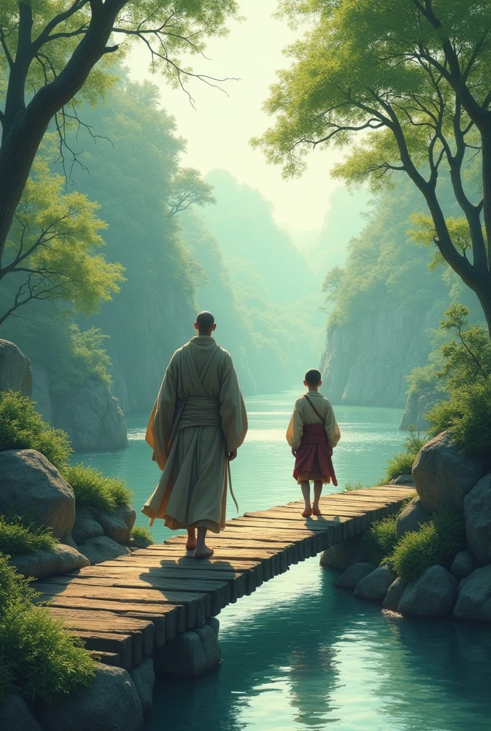 A Zen monk and his student monk Came across a river with narrow bridge