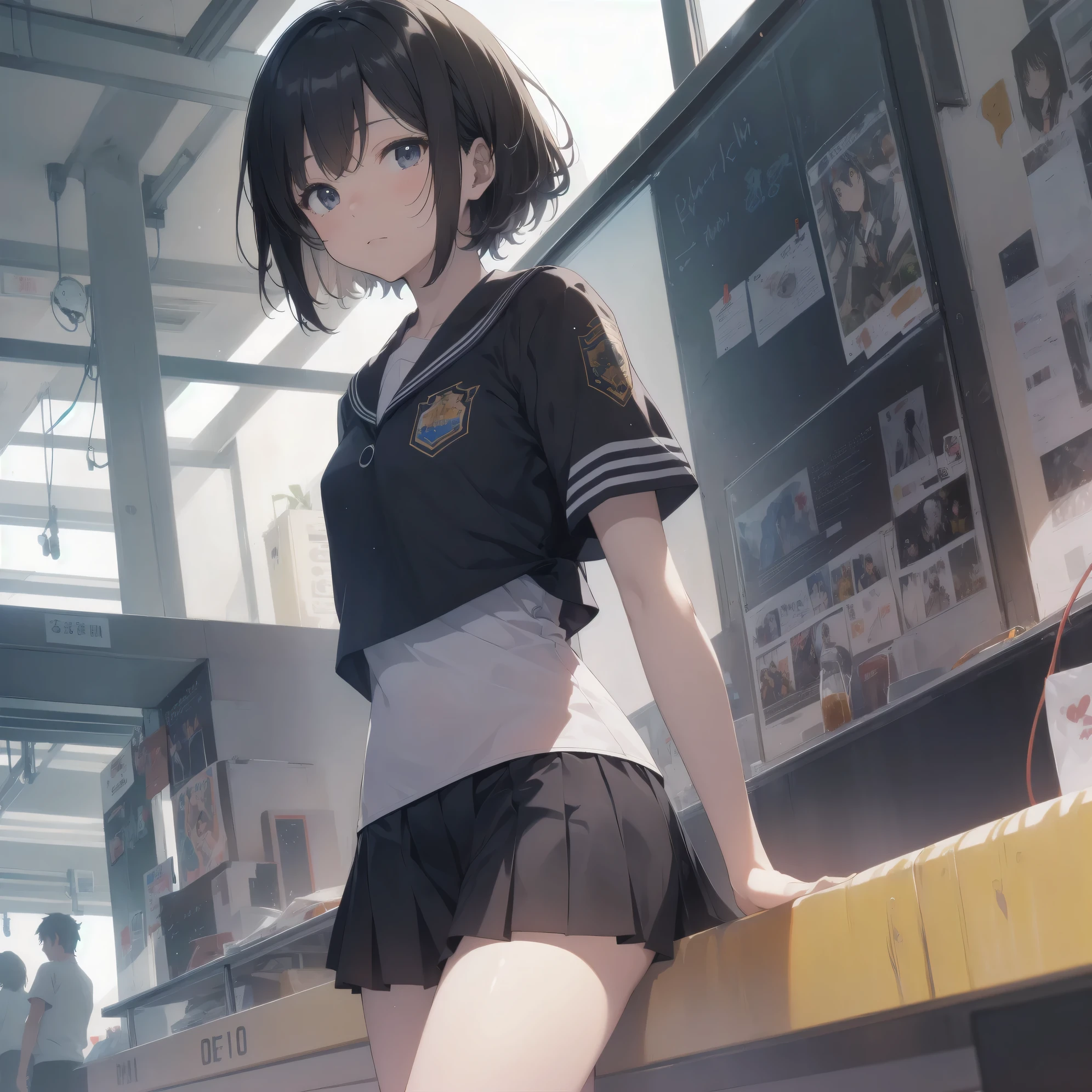 ultra-absurdres-Top quality by artist God, ultra-detailed, high resolution, anime moe artstyle, best anime 8k konachan wallpaper, pixiv contest winner, pool:2810, perfect anatomy,break, 1girl, (Please draw a girl walking sleepily to school alone. )break,(Solo,little female,15yo:1.3),Full limbs, ,a junior high school student, (very short hair), short cut, flat chest, , small butt, small black eyes, beautiful detailed eyes, well-proportioned iris and pupils, expressive eyes, highres detailed hair, soft expression, salor school_uniform, sailor collar, serahuku, bow, pleated skirt,(Detailed Lighting), (Detailed background), in the School commute route. break,super detailed skin, Best cinematic lighting powered by famous artist, 8k,beauty illustration,photoshop_(medium),very aesthetic,break,((artist:echo_(circa) )), artist:clamp ,artist:carnelian ,artist:kantoku ,