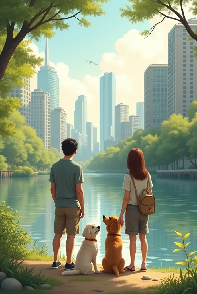 family in riverside with dogs, staring at buildings