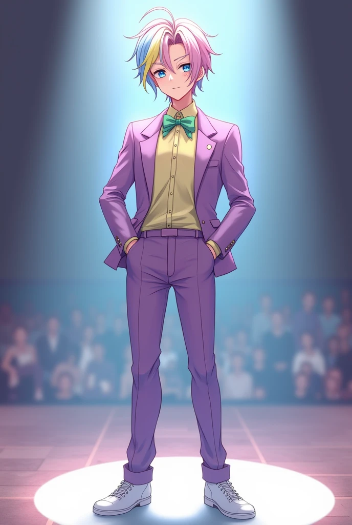 anime, semi-realistics, great quality quality, masterpiece, light and pastel colors, slightly femme male, light skin, multicolored hair in soft pink, blue and yellow medium-length hair, butterfly cut(hairstyle), blue eyes, medium height, soft purple suit(soft purple blazer and pants), light-yellow shirt with soft green lush bow, white shoes, smug expression, on the stage