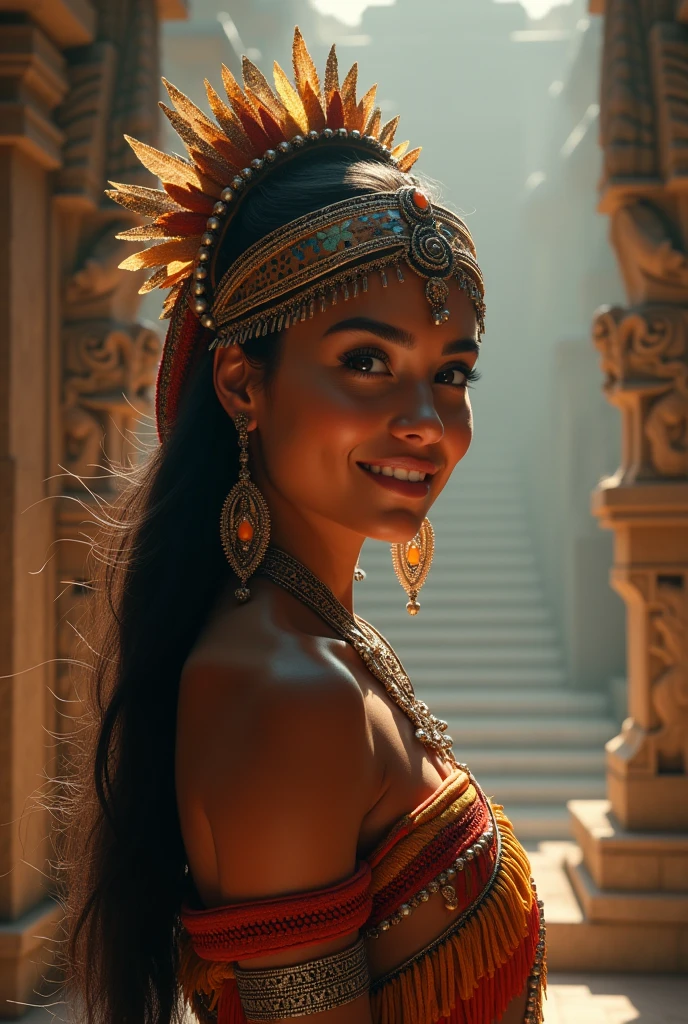 a beautiful aztec woman in her 20s, facing the camera, smiling, standing in front of an ancient aztec calendar in a temple, extremely detailed and realistic, 8k, high resolution, hyper detailed, masterpiece, photorealistic, studio lighting, physically-based rendering, professional grade, vibrant colors, dramatic lighting, intricate details, ornate aztec architecture, detailed stone carvings, warm lighting, volumetric fog, mystical atmosphere