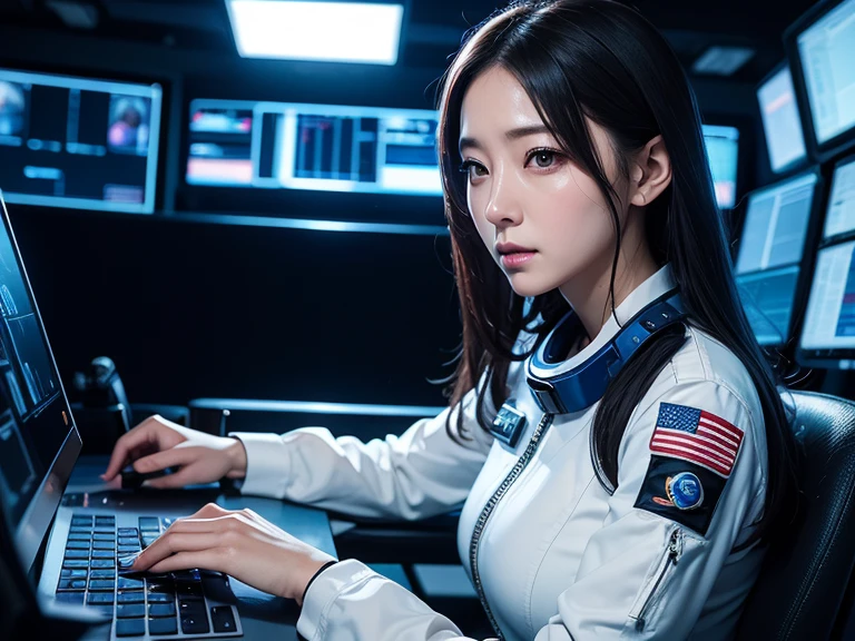 Female officer of the Space Defense Force、beautiful、Reluctant expression、Long, sharp eyes、(((cool)))、Operating a computer in the control room、Cinematic、Dramatic lighting、Photorealistic、Professional photography with attention to detail