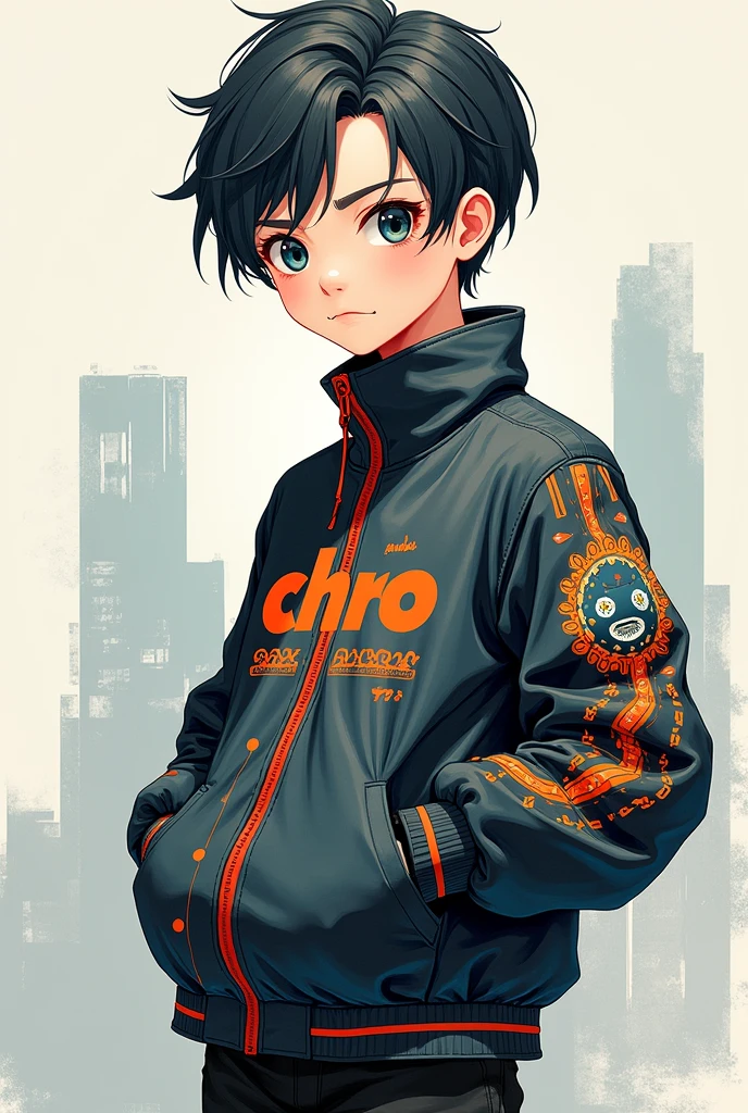 boy anime wearing aesthetic clothes with text "Chro" in his clothes