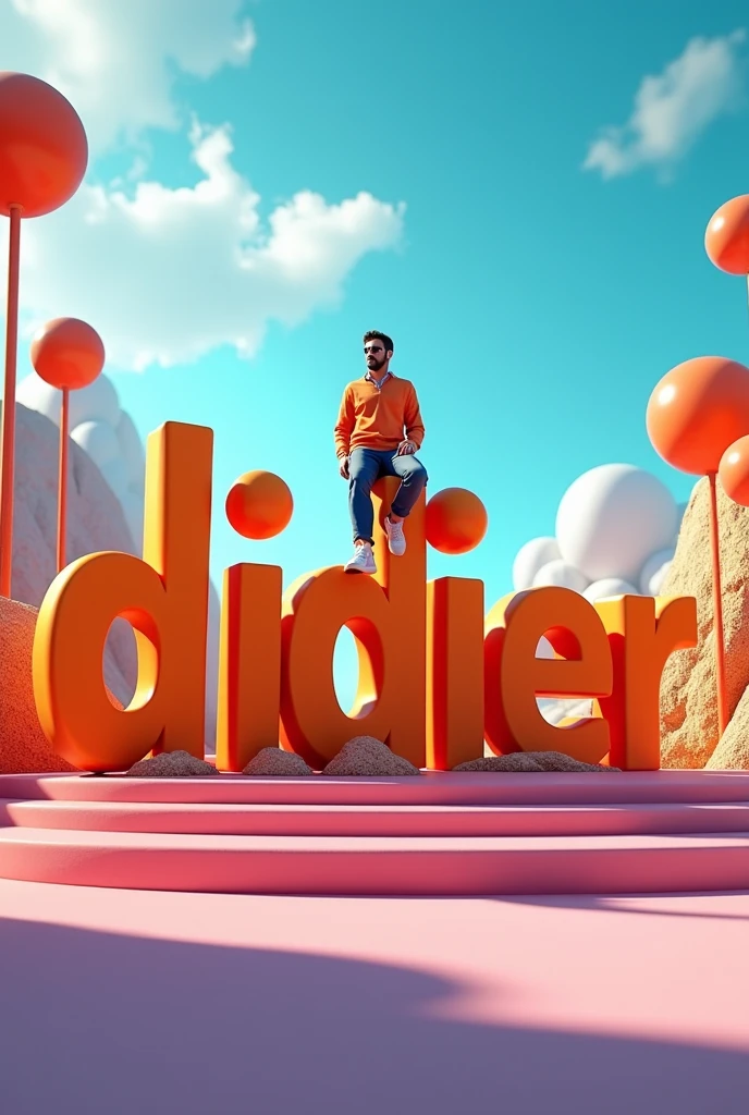 Create a vibrant 3D scene with Didier and casually on the Didier large 3D text logo. Dress him in trendy casual attire like The background should showcase 3d Scene with Didier in large scale as background