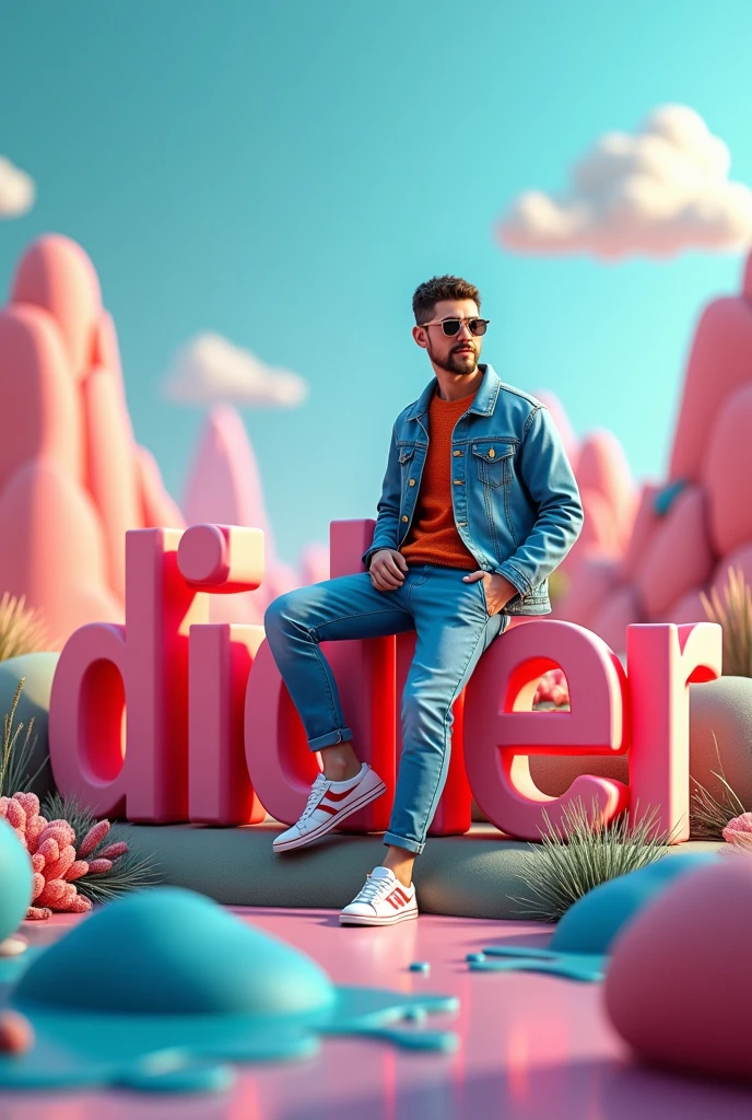 Create  a vibrant 3D scene with Didier and casually on the Didier large 3D text logo. Dress him in trendy casual attire like The background should showcase 3d Scene with Didier in large scale as background 