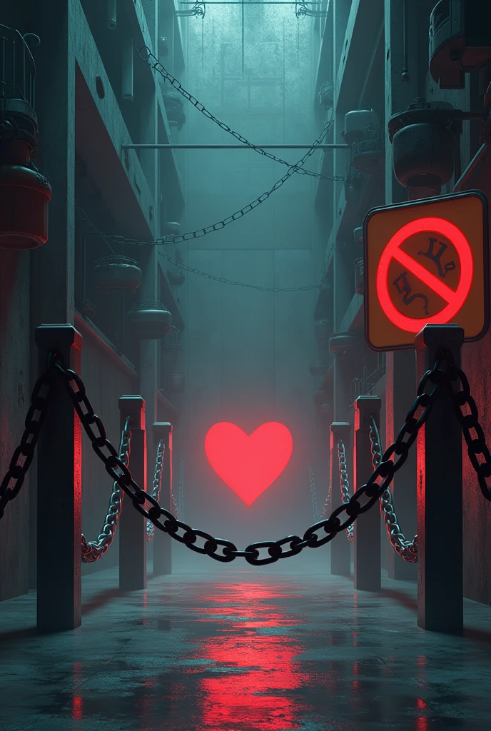 chained off, with a sign saying no entry, inside lies a frightened pink heart-shaped mark, conceptual installation art, (ultra detailed, absolutely resolution, best quality:1.3), 2.5D, delicate and dynamic effects, artistic, hyper, graphic CG digital art