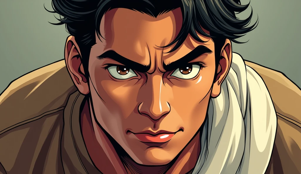 A Close-Up of Dhruv’s Determined Face
Description: A comic-style close-up of Dhruv’s face, emphasizing his determination and resolve. He’s focused, with a slight smile, reflecting his inner peace and dedication to his duty. His traditional attire—brown kurta and white dhoti—are visible in the background.