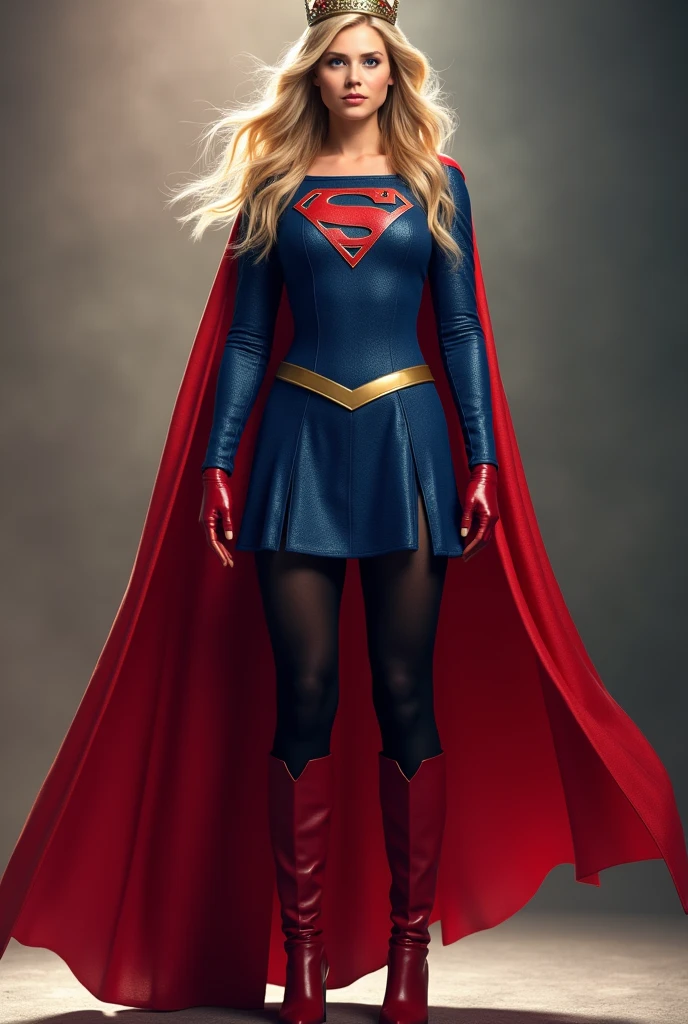 melissa benoist as supergirl, standing, full supergirl blue suit, give her black tights, long blonde hair, no helmet, give her a supergirl crown, a pair of long red coloured gloves, a pair of long red boot heels, long red coloured cape, blue formal skirt, open thighs