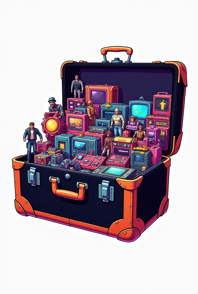 Trunk logo with 80s toys inside the trunk with transparent background black and orange bronze details png