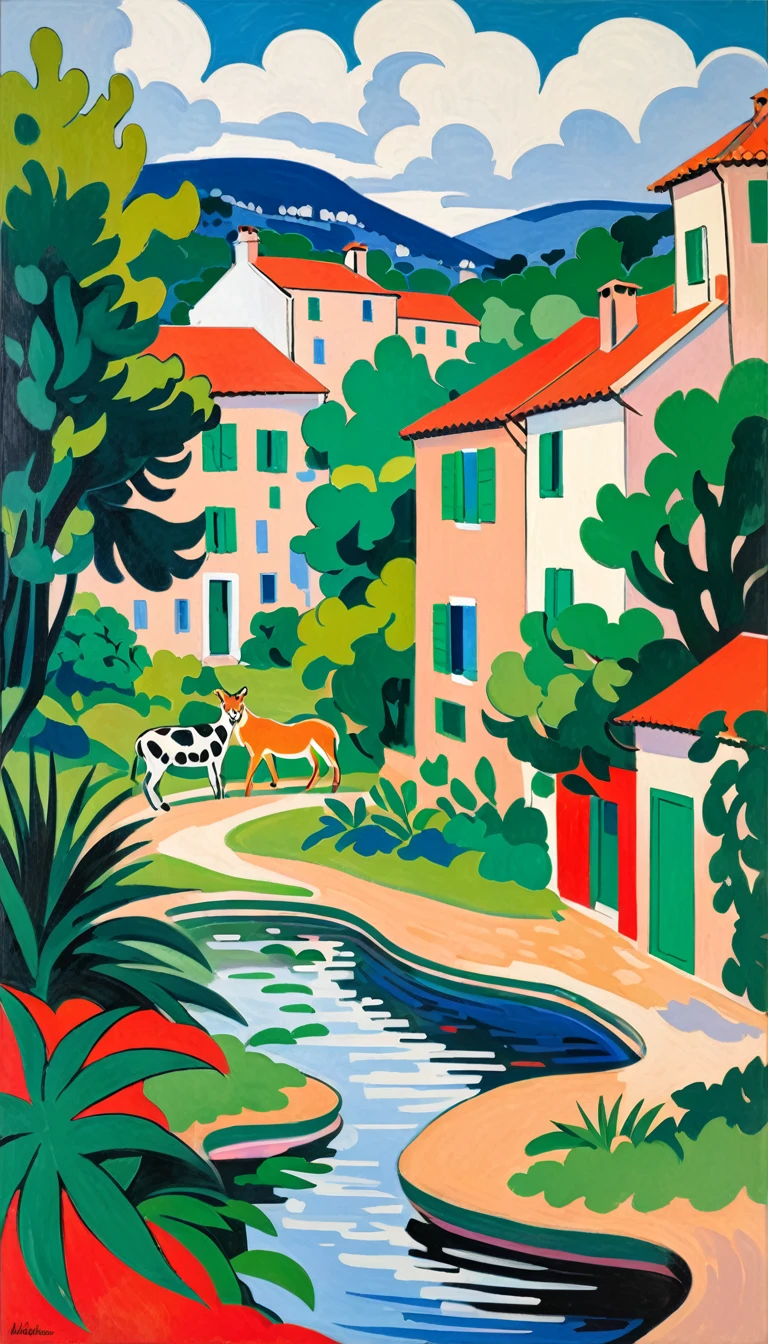 artist by Henri Matisse,inside the village,wild animals,light tones,(smooth strokes),fine sketches,Vivid,Moody,Landscapes,Fantasy,Dark,landscape oil painting, red and green colors