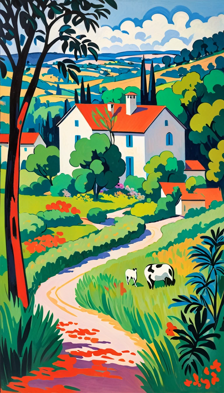 artist by Henri Matisse,inside the village,wild animals,light tones,(smooth strokes),fine sketches,Vivid,Moody,Landscapes,Fantasy,Dark,landscape oil painting, red and green colors