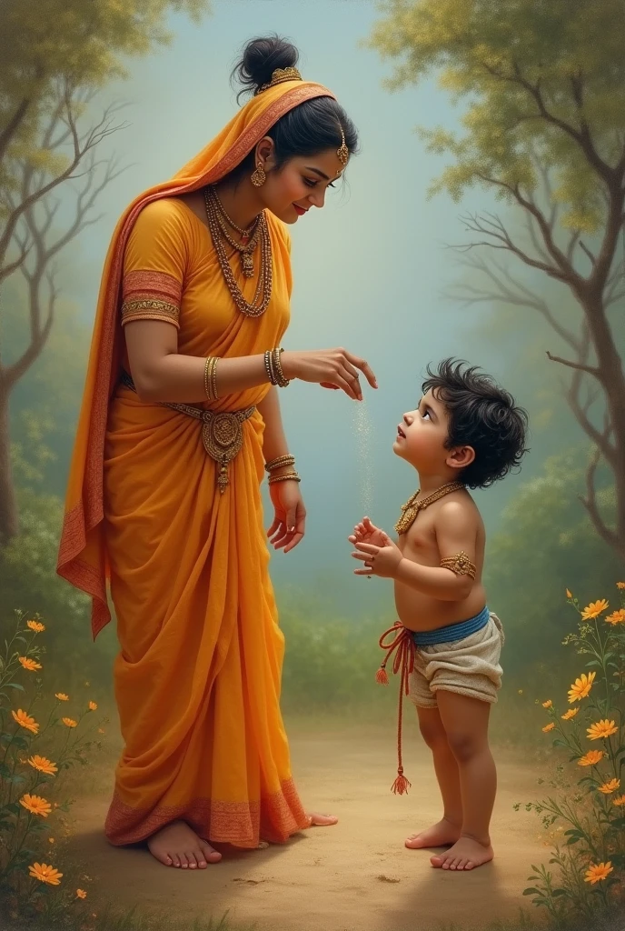 Yashoda, standing in front of Krishna with a mixture of sternness and amusement, raises her hand as if to scold him, but her expression softens as she gazes at her son's innocent face. She struggles to maintain her composure, torn between laughter and discipline.