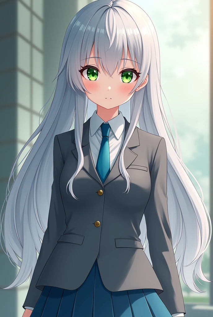 Silver hair, green eyes, long hair, gray uniform, blue tie blue skirt, cute girl