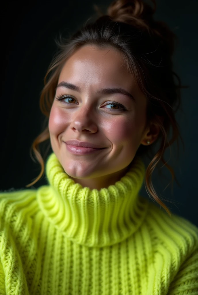 sofia, in a studio with dark background, dressed in a neon lime green knitted sweater. Front pose with head tilted to one side, expression of happiness, slightly moist eyes. Soft lighting on one side, highlighting the shadows and textures of the face. Medium format camera with 100mm f/2.8 lens/2.8, UHD 16K resolution, emotional portrait style, with focus on facial expression, Tears and the texture of the sweater.