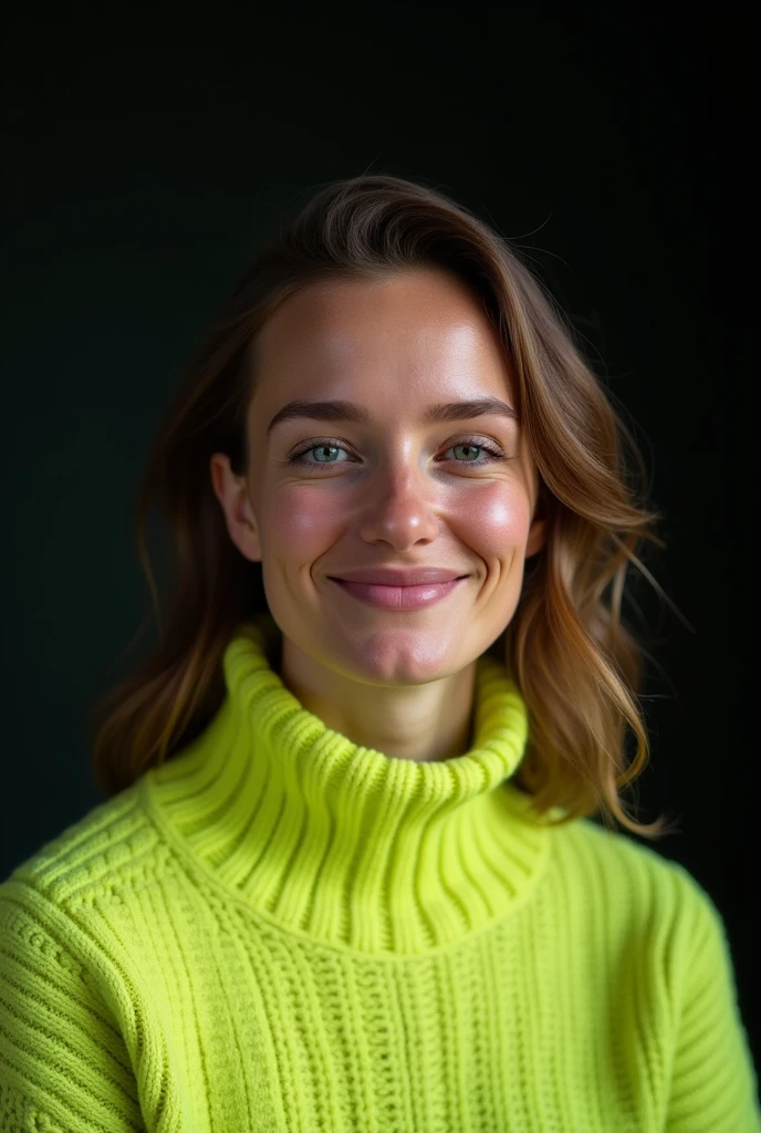 sofia, in a studio with dark background, dressed in a neon lime green knitted sweater. Front pose with head tilted to one side, expression of happiness, slightly moist eyes. Soft lighting on one side, highlighting the shadows and textures of the face. Medium format camera with 100mm f/2.8 lens/2.8, UHD 16K resolution, emotional portrait style, with focus on facial expression, Tears and the texture of the sweater.
