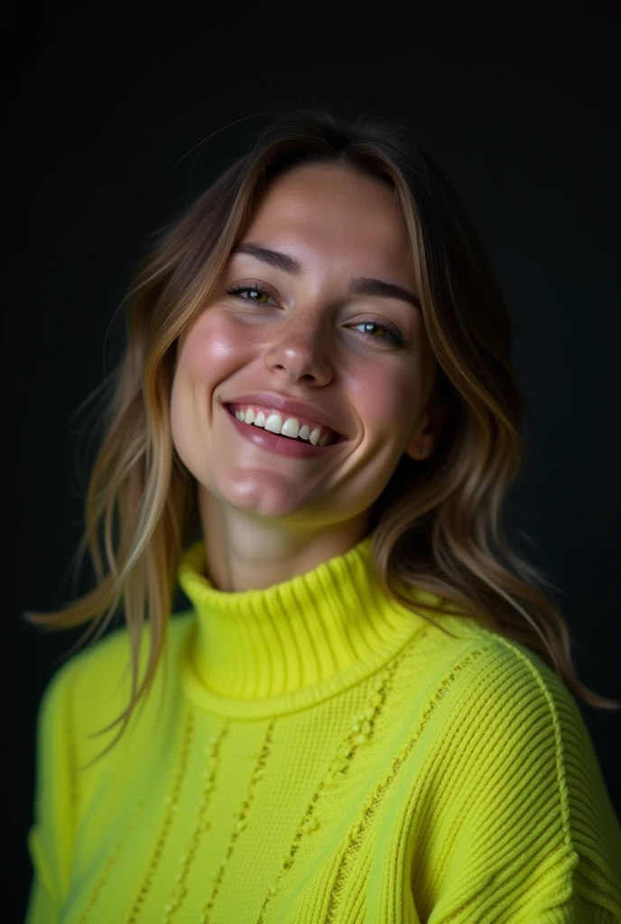 sofia, in a studio with dark background, dressed in a neon lime green knitted sweater. Front pose with head tilted to one side, expression of happiness, slightly moist eyes. Soft lighting on one side, highlighting the shadows and textures of the face. Medium format camera with 100mm f/2.8 lens/2.8, UHD 16K resolution, emotional portrait style, with focus on facial expression, Tears and the texture of the sweater.