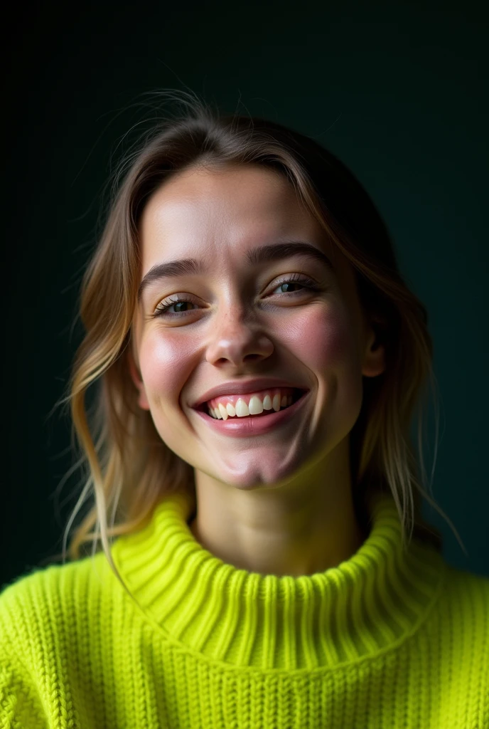 sofia, in a studio with dark background, dressed in a neon lime green knitted sweater. Front pose with head tilted to one side, expression of happiness, slightly moist eyes. Soft lighting on one side, highlighting the shadows and textures of the face. Medium format camera with 100mm f/2.8 lens/2.8, UHD 16K resolution, emotional portrait style, with focus on facial expression, Tears and the texture of the sweater.