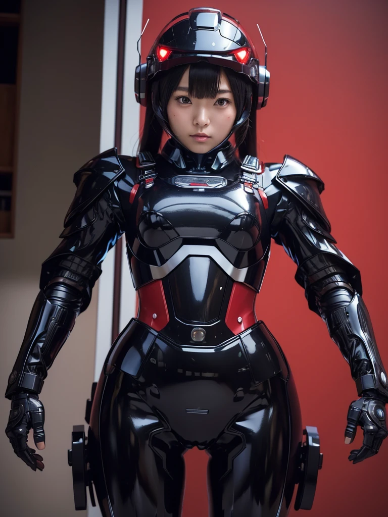 masterpiece, Highest quality, Very detailed, Japanese Android girl, Beautiful 2 Japanese woman, Plump,Slightly thicker,Control panel,Android,cyborg,Blunt bangs,Black and red robot suit,Thick harness belt,Full-face helmet