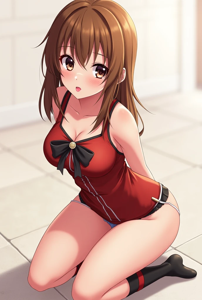 Cute anime girl, on her knees facing the camera, beautiful, tounge out, wearing cute asuna outfit. Thick thighs. Brunette hair. Horny.