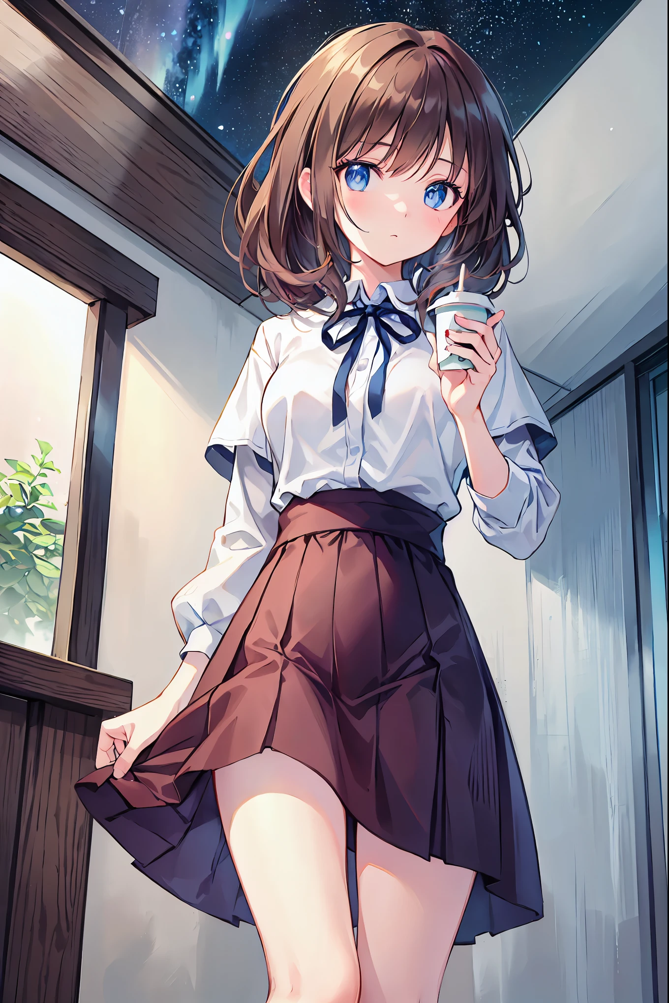 Cozy cabin in a mountain restaurant,Drinking coffee and looking at the horizon,Brown Hair,Shortcuts,Messy Hair,Slender beauty,A dignified posture,Beautiful feet,Her captivating grey-blue eyes shine like stars,break (masterpiece:1.2), Highest quality, High resolution, unity 8k wallpaper, (shape:0.8), (Beautiful attention to detail:1.6), Highly detailed face, Perfect lighting, Extremely detailed CG, (Perfect hands, Perfect Anatomy),beautiful girl,
