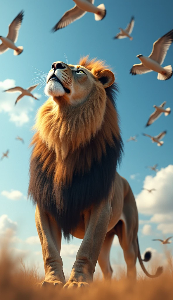 Generate ultra realistic 8k image of big and beautiful strong lion looking at sky with birds 