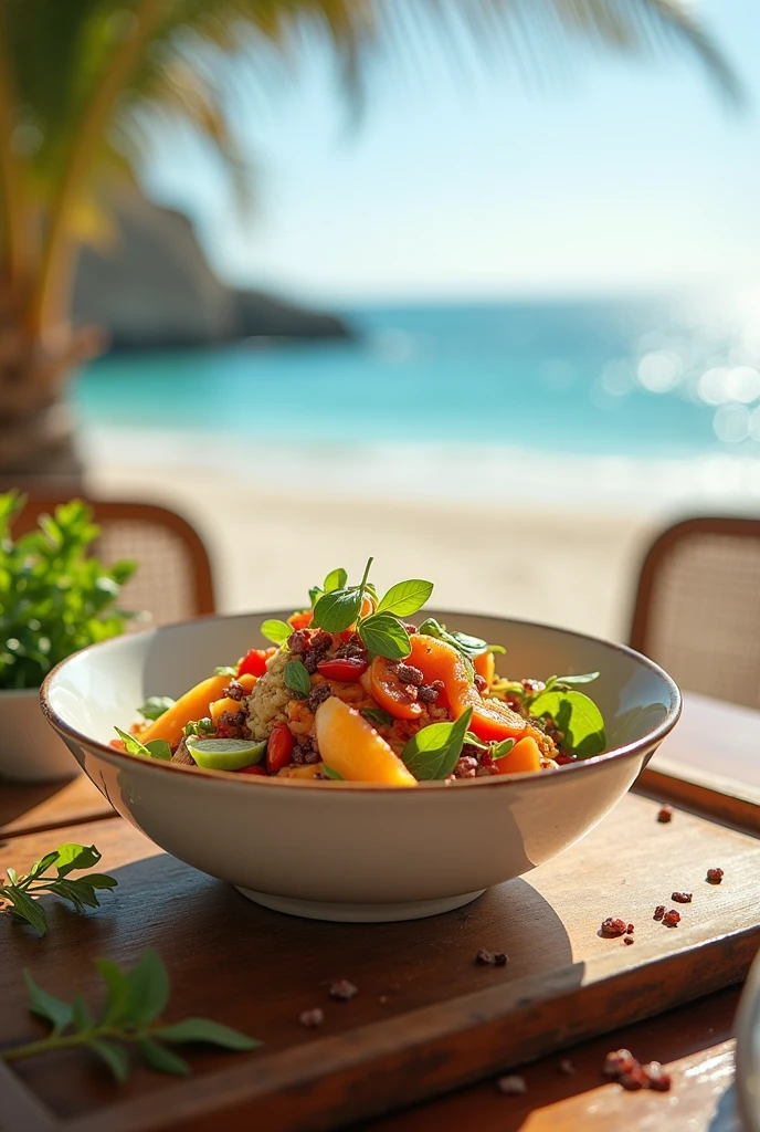 Fancy bowl with food on a table on the beach in a bar like Instagram post