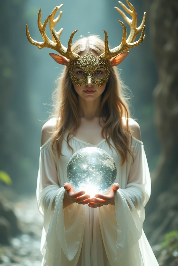 A girl in god white dress and hold the globe made of glass.her face is cover by golden antler mask 